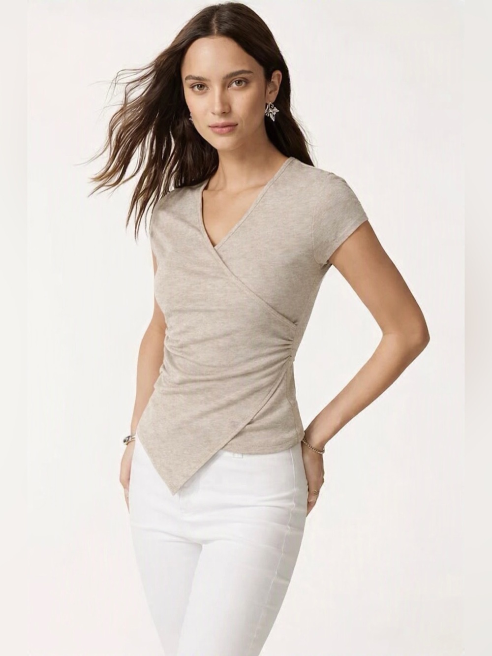 OGL Sand Lyocell Wool Surplice Cap Sleeve Asymmetrical Top Size Medium